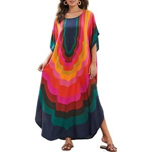 🆕Women's A-Colored Geometry Kaftan Dress V Neck Swimsuit Cover-Up Loungewear